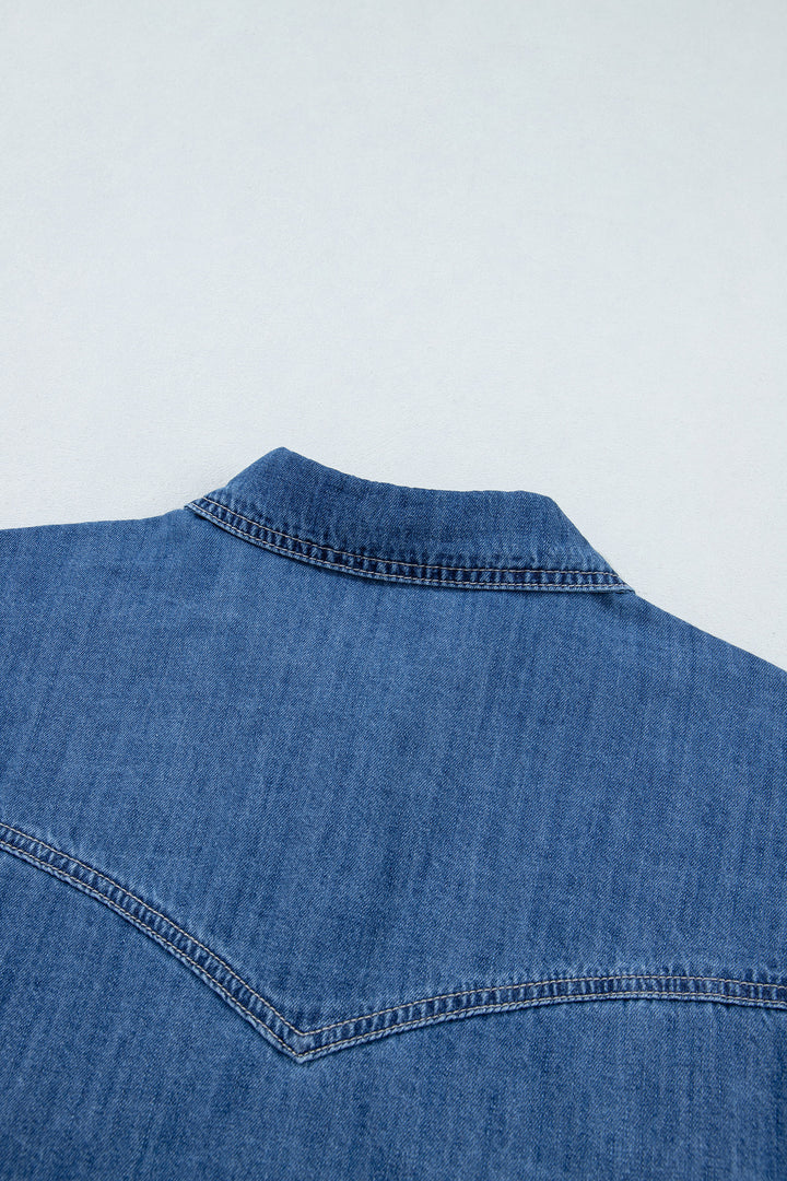Sail Blue Western Patch Pockets Tunic Length Long Sleeve Denim Shirt