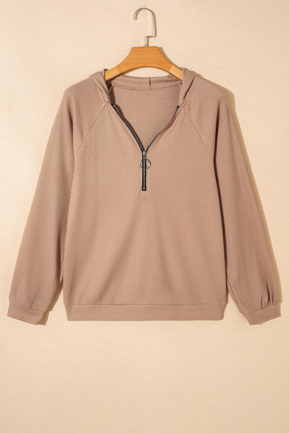 Smoke Gray Waffle Knit Half Zip Raglan Sleeve Top