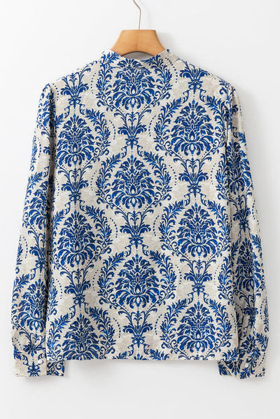 Sky Blue Bohemian Printed Bishop Sleeve Lace Shirt