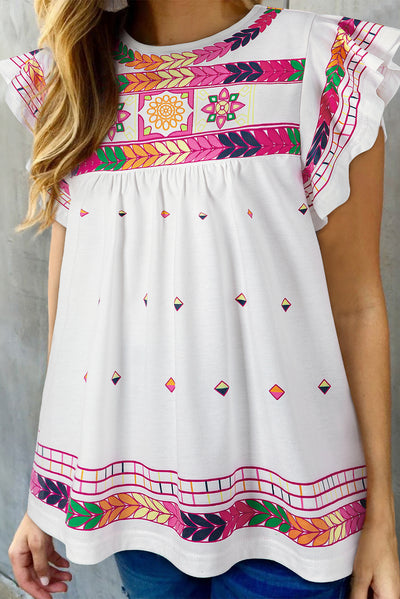 White Boho Abstract Print Ruffle Sleeve Flowy Top