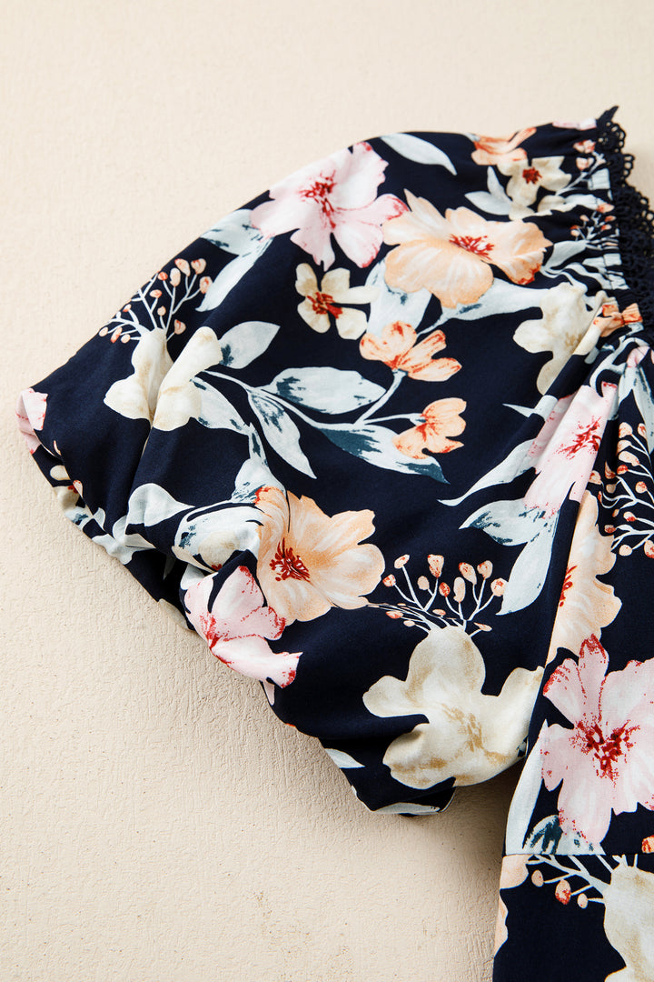 Blue Short Sleeve Smocked Detail High Waist Floral Maxi Dress