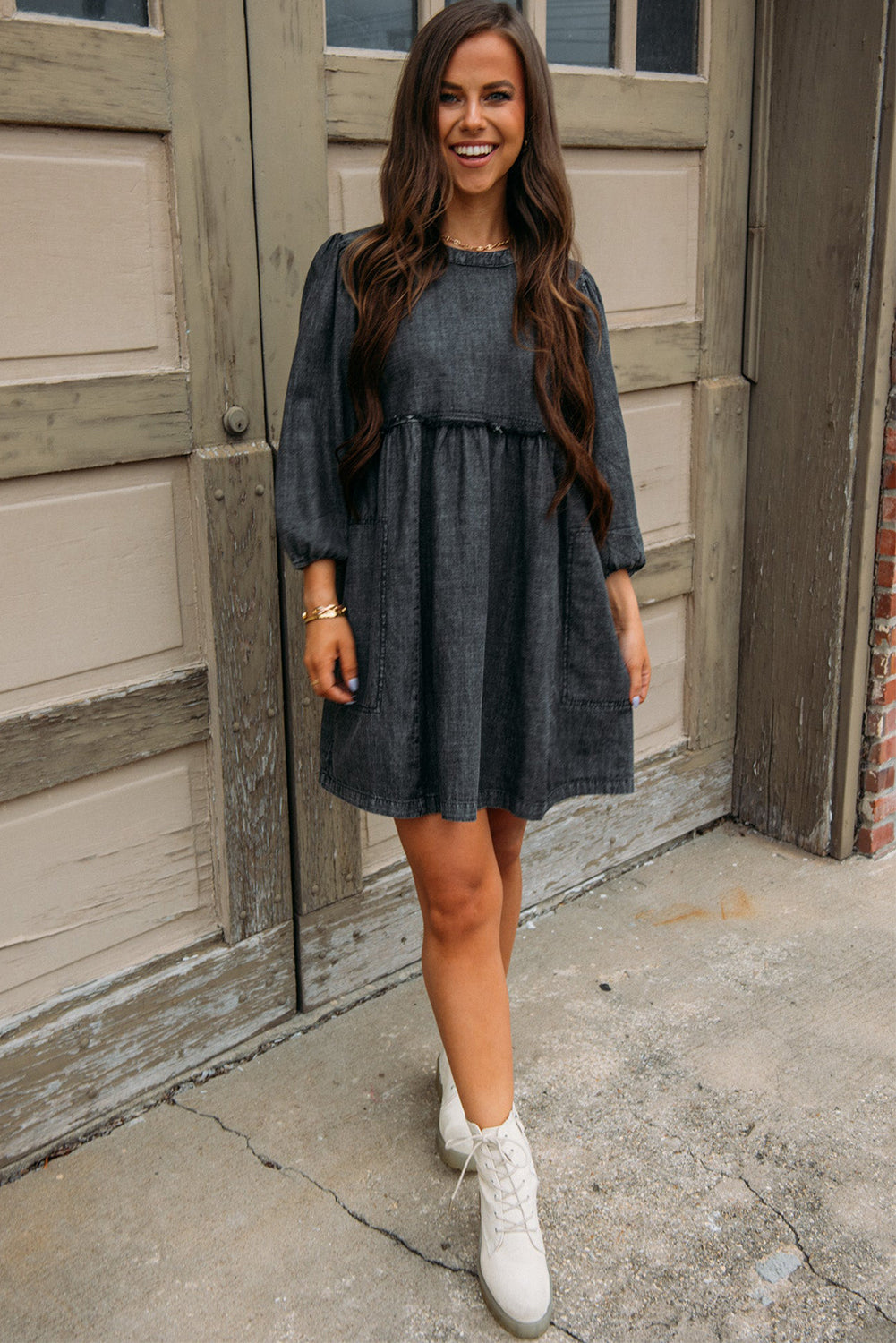 Black Balloon Sleeve High Waist Denim Dress