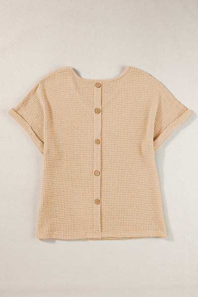 Oatmeal Textured Knit Button Back Cuffed Sleeve Tee