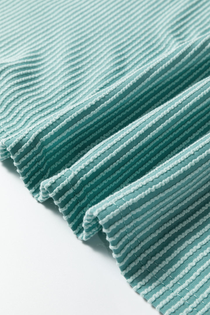 Light Blue Plus Size Contrast Frilled Neckline Ruffled Short Sleeve Ribbed Textured Blouse