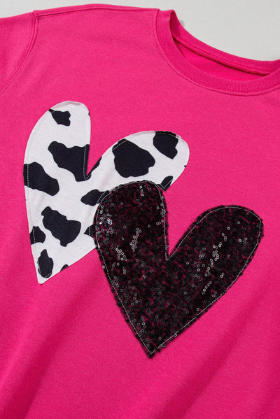 Strawberry Pink Cow & Sequin Double Heart Patch Graphic Sweatshirt