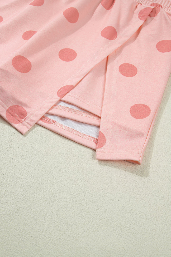 Sky Blue Ribbed Trim Polka Dot Print Tank Split Mini Skort 2pcs Set