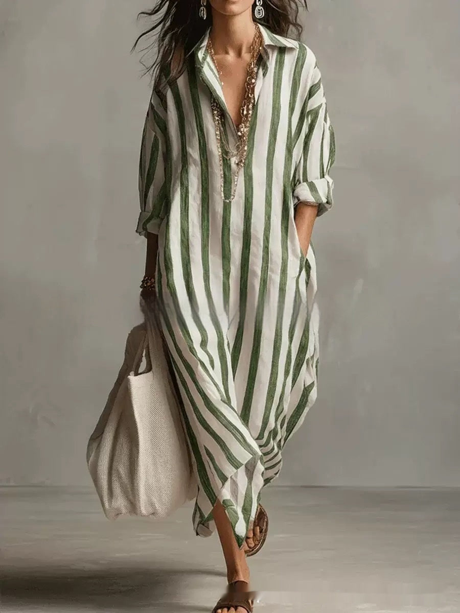 Striped Lapel Collar Dress – Side Slits &amp; Pockets