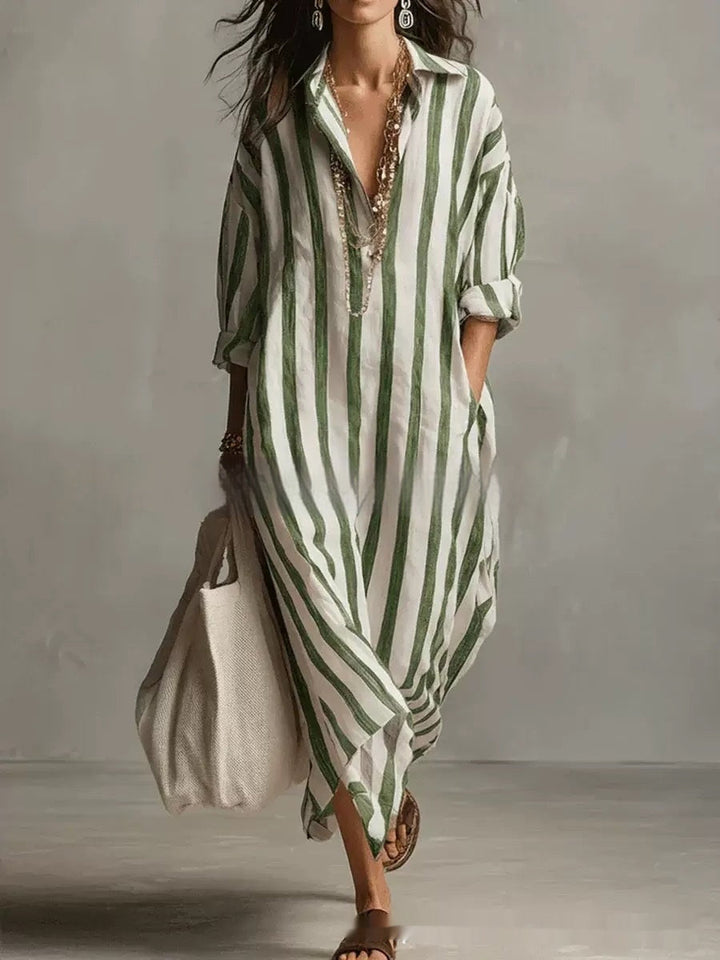Striped Lapel Collar Dress – Side Slits &amp; Pockets
