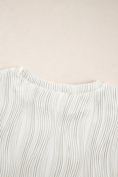 White Textured Wavy Round Neck Long Sleeve Top