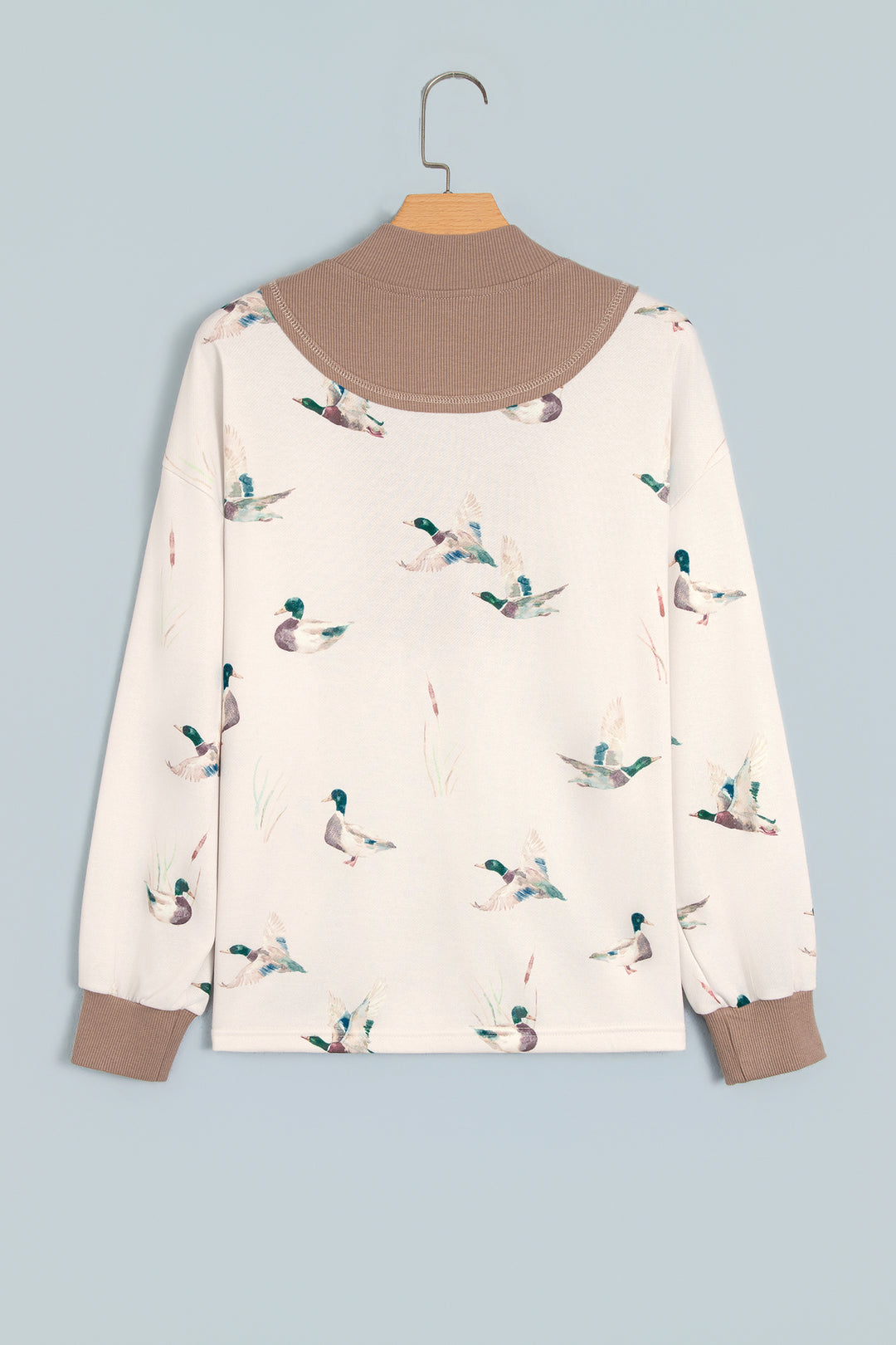 Beige Wild Mallard Print Color Block Patchwork Zip Neck Tunic Top