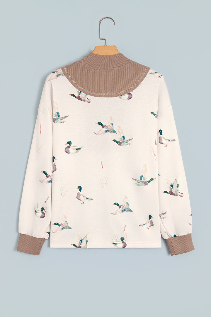 Beige Wild Mallard Print Color Block Patchwork Zip Neck Tunic Top