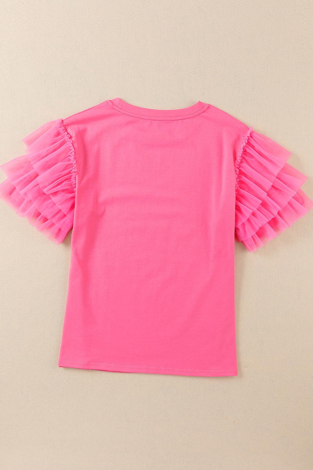 Pink Tulle Ruffle Sleeve Blouse