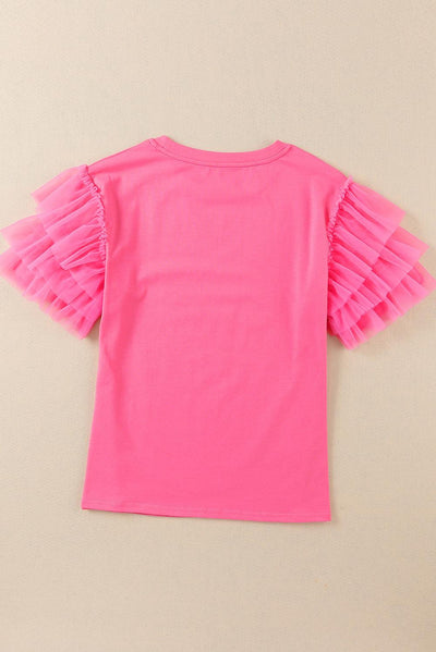 Pink Tulle Ruffle Sleeve Blouse