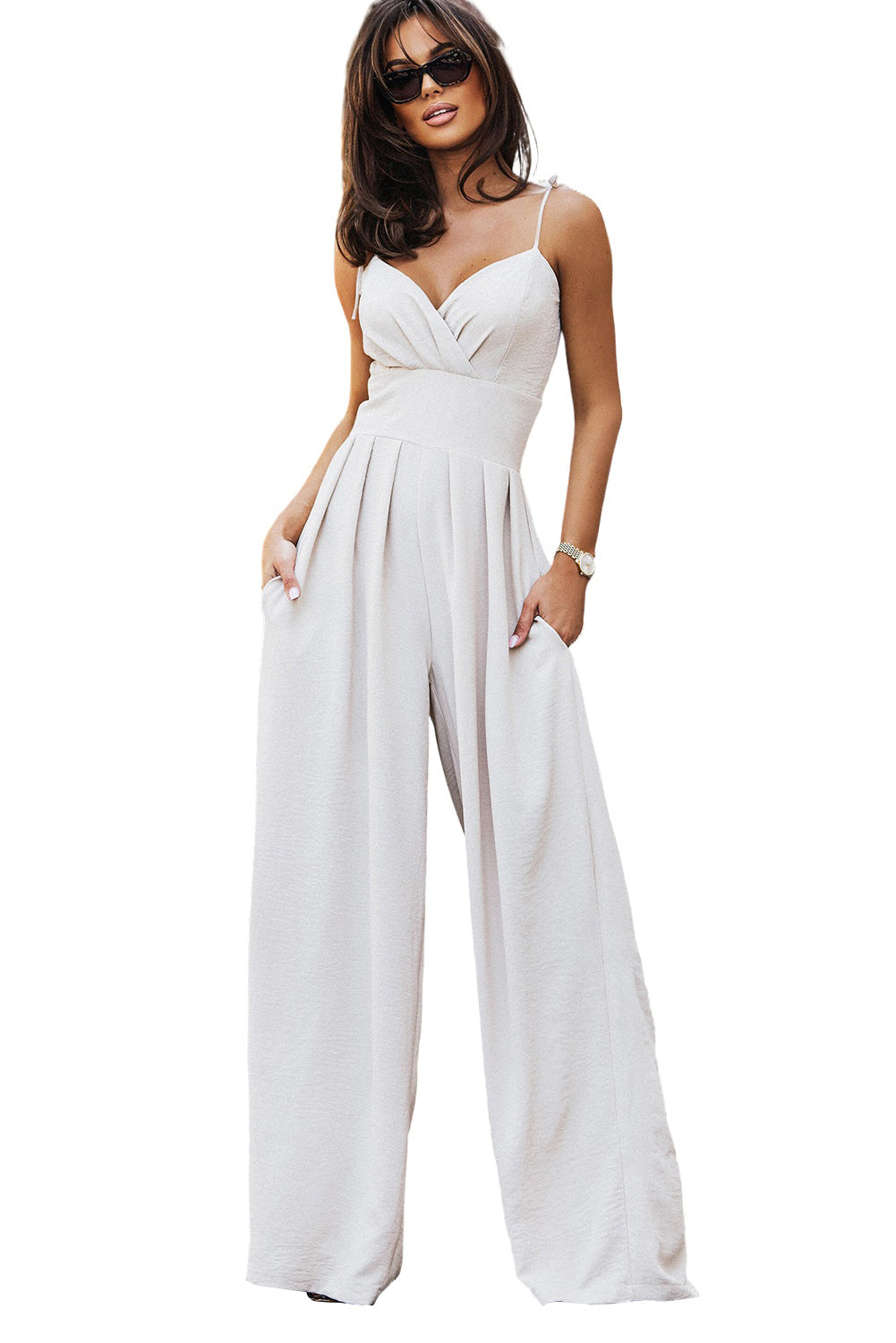 Beige Spaghetti Straps Pleated High Waist Wide Leg Jumpsuit