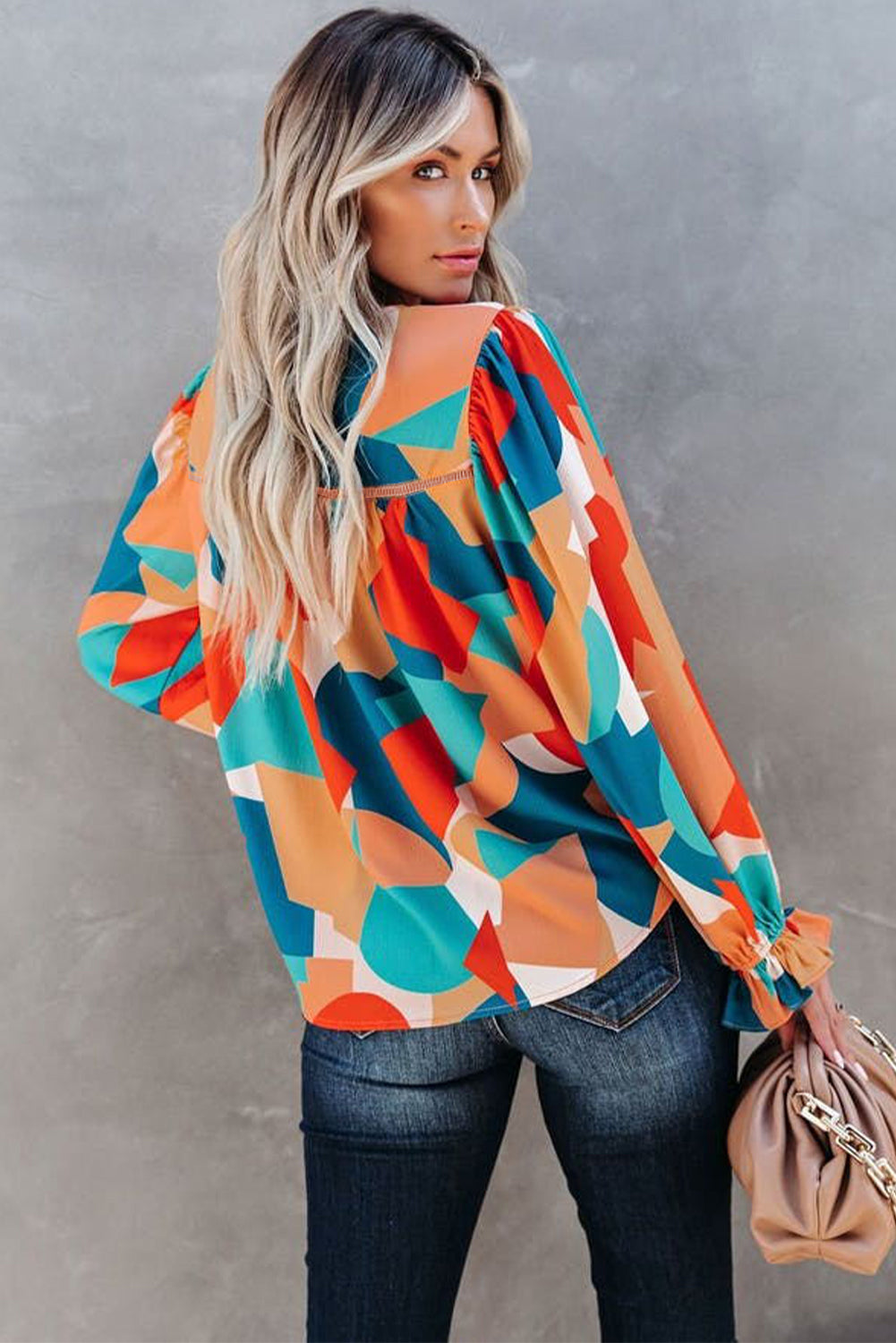 Multicolor Abstract Pattern Crewneck Ruffled Puff Sleeve Blouse