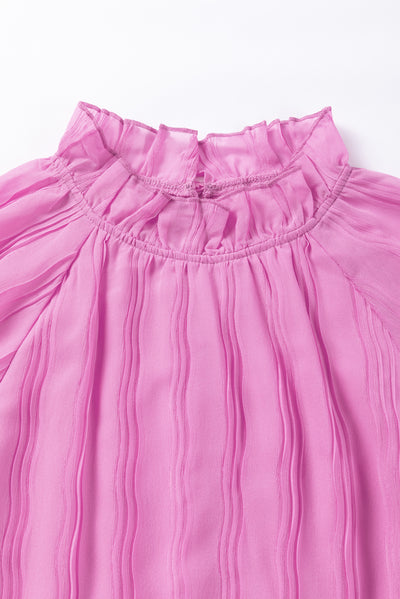 Pink Striking Pleated Flared Cuff Long Sleeve Blouse