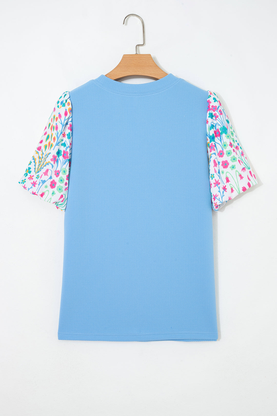 Light Blue Round Neck Textured Contrast Floral Bubble Sleeve Blouse