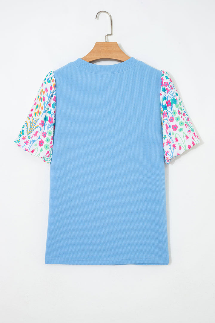 Light Blue Round Neck Textured Contrast Floral Bubble Sleeve Blouse