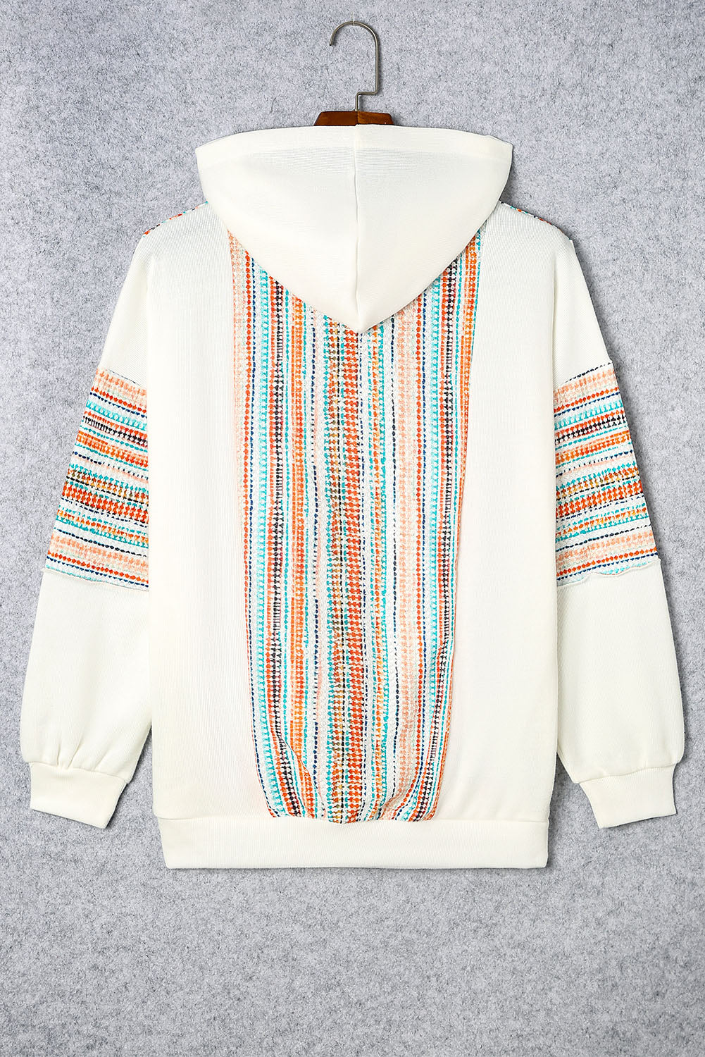 Multicolor Striped Patchwork V Neck Drop Shoulder Knit Hoodie