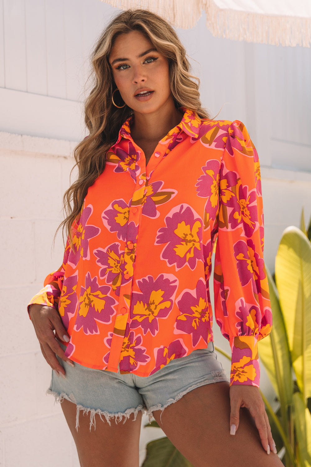 Floral Print Lantern Sleeve Shirt