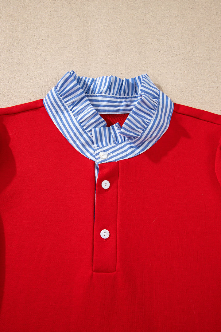Fiery Red Contrast Striped Collar Patchwork Puff Sleeve Ruffle Hem Mini Dress
