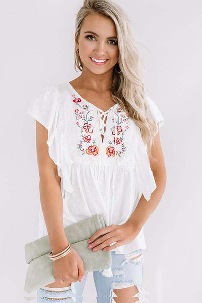 White Floral Embroidered Ruffled Lace-up V Neck Top