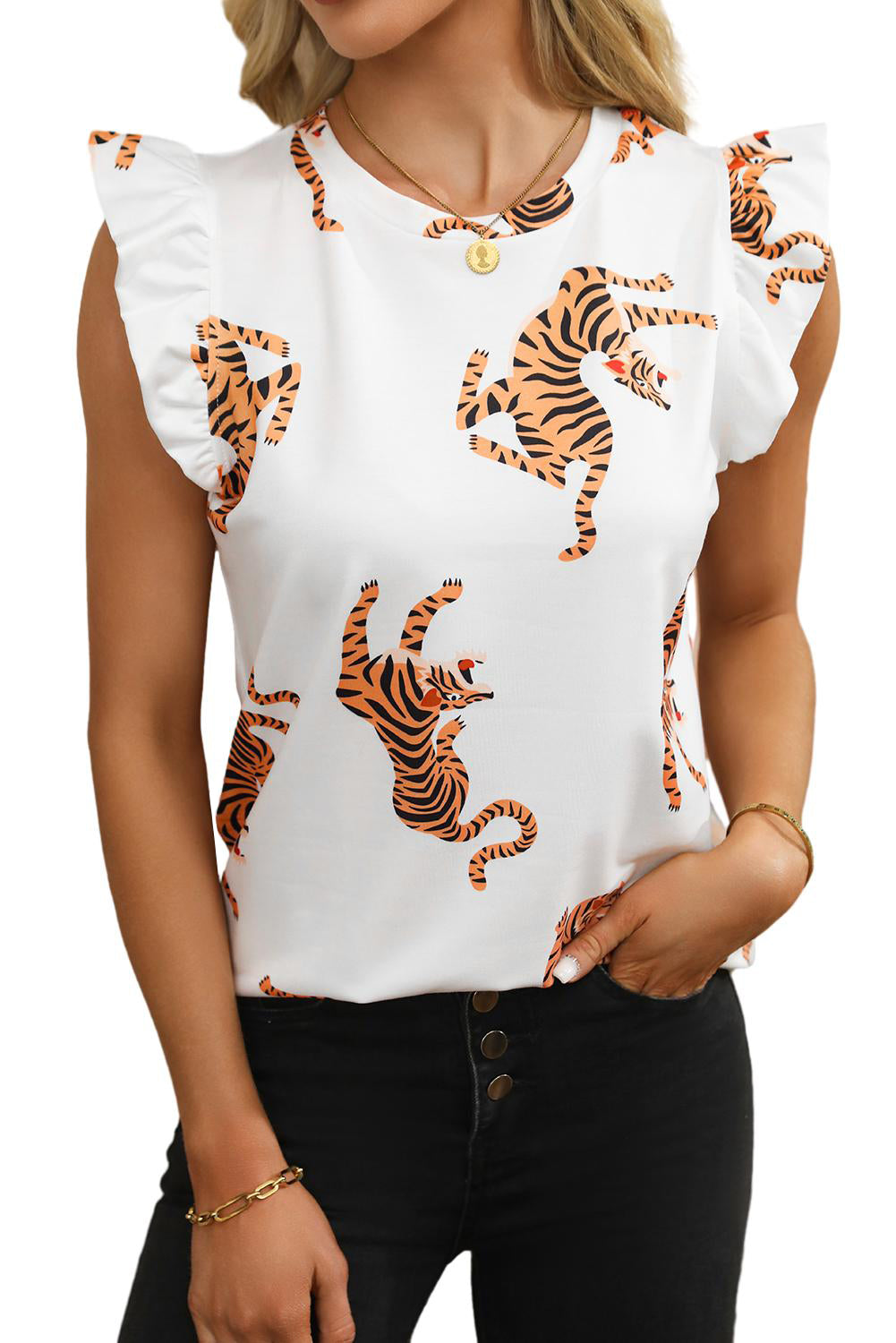 White Tiger Print Flutter Sleeve Crew Neck Blouse