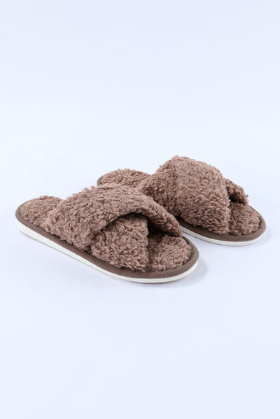 Brown Teddy Fur Cross Straps Home Slippers