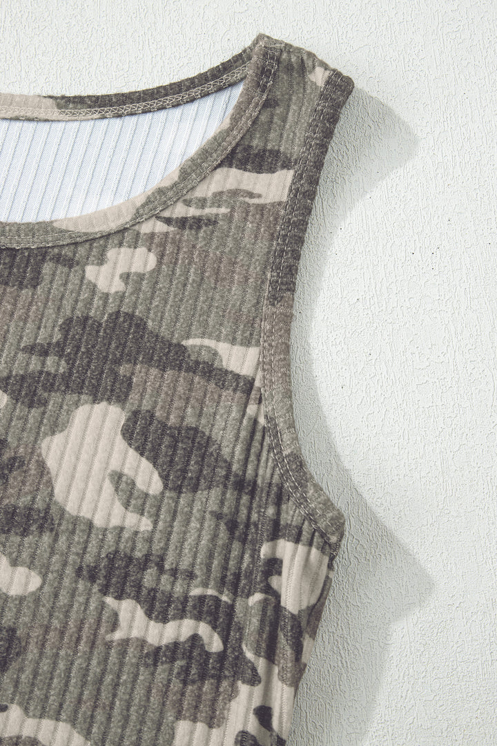 Green Camouflage Print Ribbed Knit Round Neck Tank Top