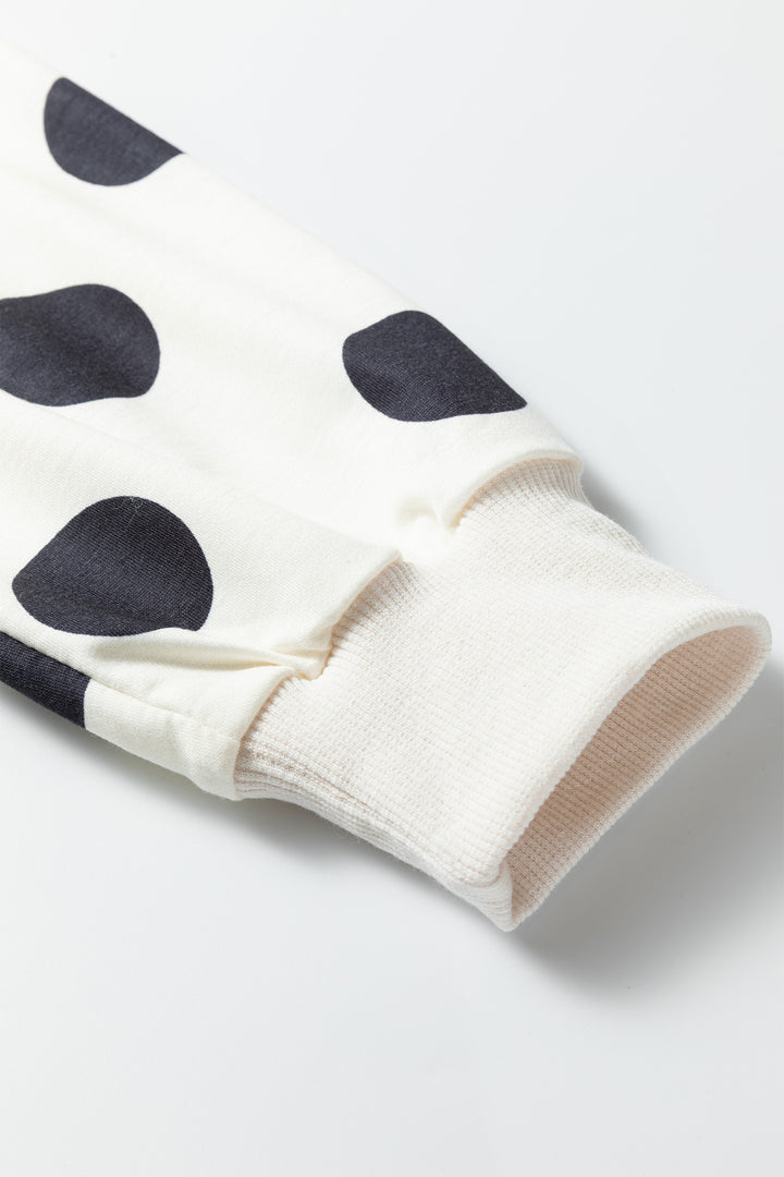 Beige Polka Dot Print Drop Shoulder Pullover Drawstring Jogger Pant Set