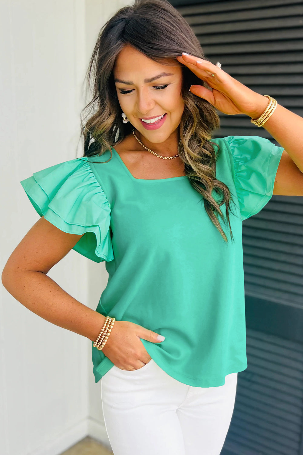 Mint Green Flutter Sleeve Square Neck Top