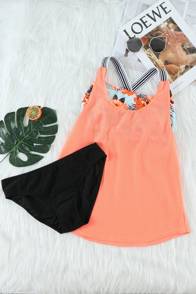 Orange Printed Splicing Racerback Tankini