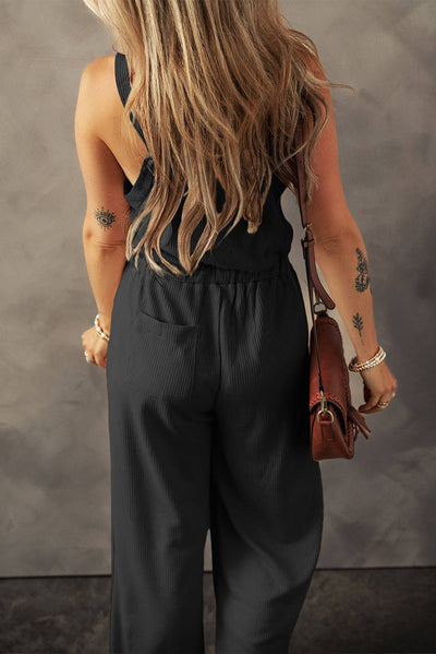 Black Knotted Straps Button Textured Drawstring Jumpsuit