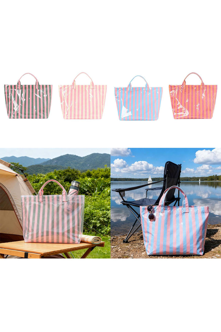 Blackish Green Glossy Striped Vinyl Large Tote Bag (Color Varied)