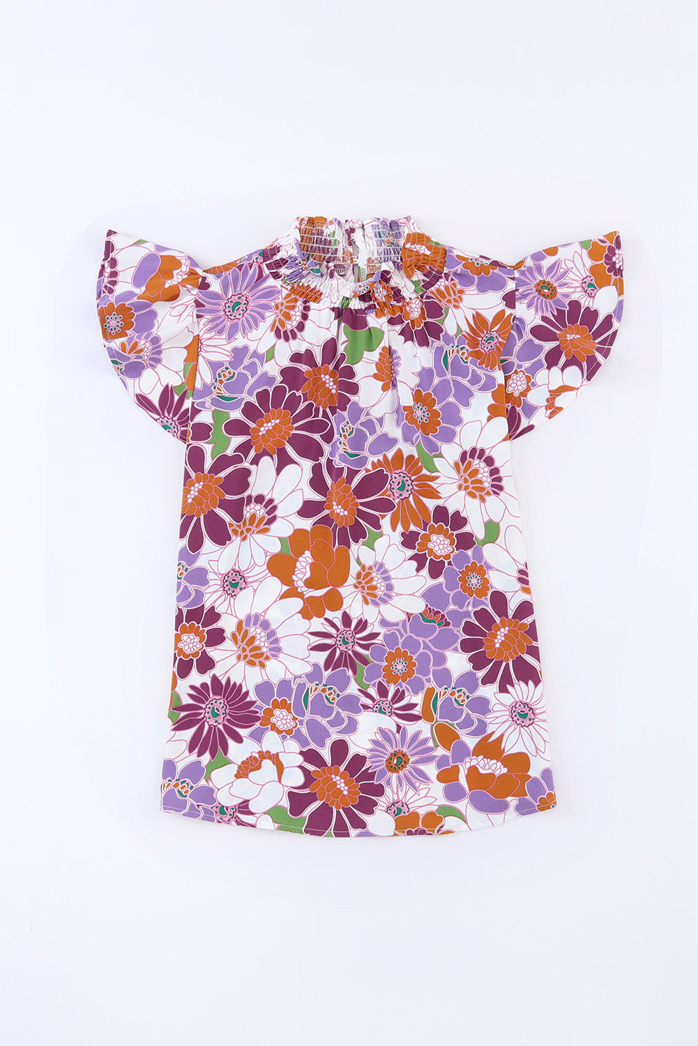 Purple Multicolor Stand Collar Flutter Sleeves Floral Top