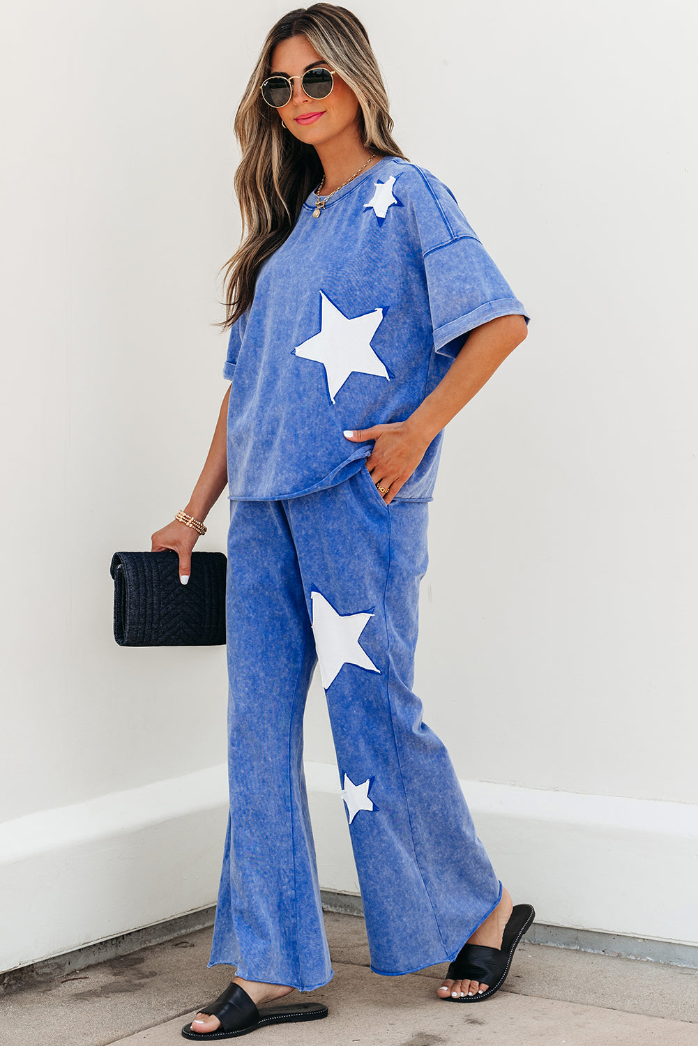 Arabella Acid Wash Star Patched Rolled Trim Pants Set