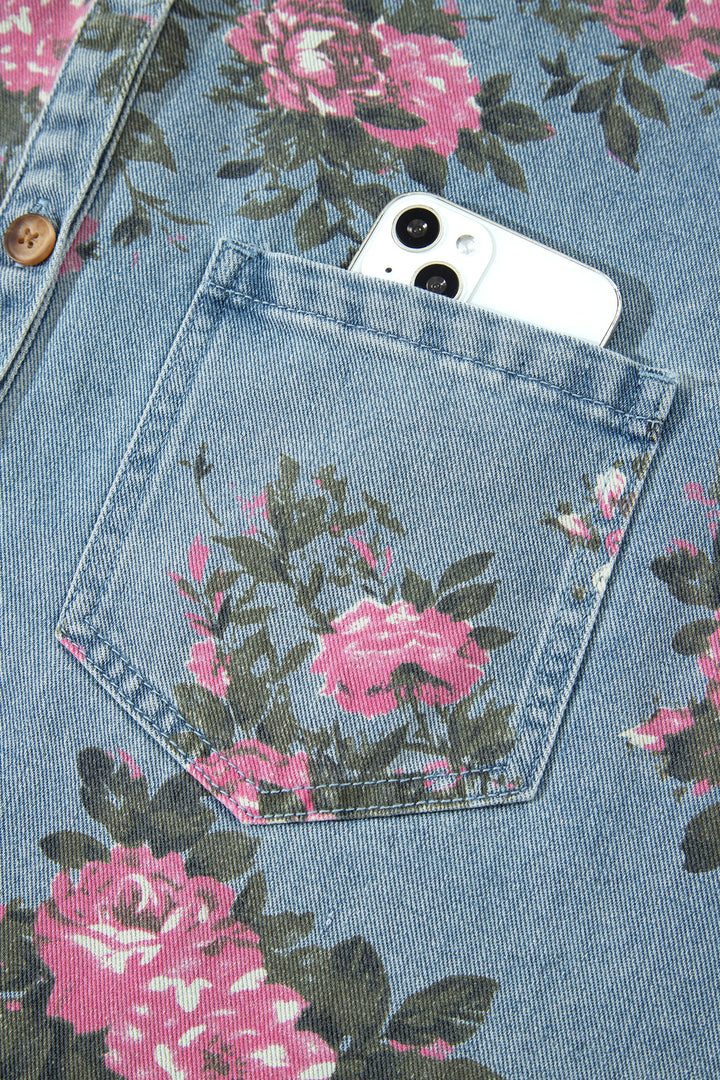 Sky Blue Floral Print Raw Seam Ruffle Hem Denim Jacket