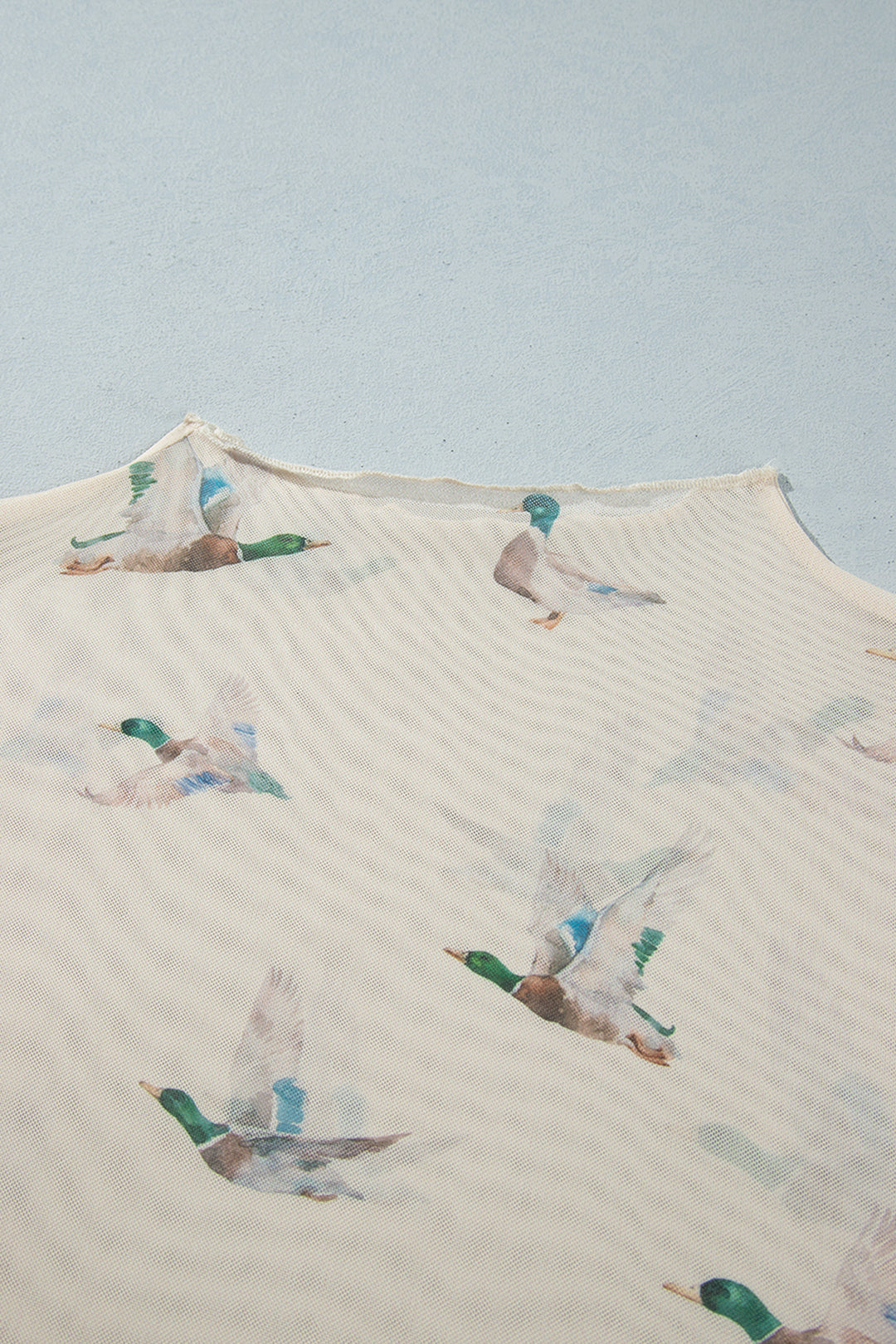 Beige Mesh Duck Print Tunic Long Sleeve Plus Size Blouse