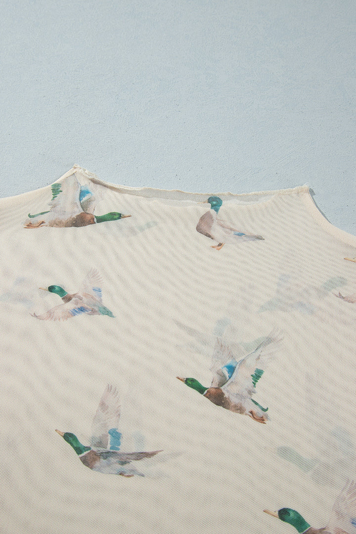 Beige Mesh Duck Print Tunic Long Sleeve Plus Size Blouse