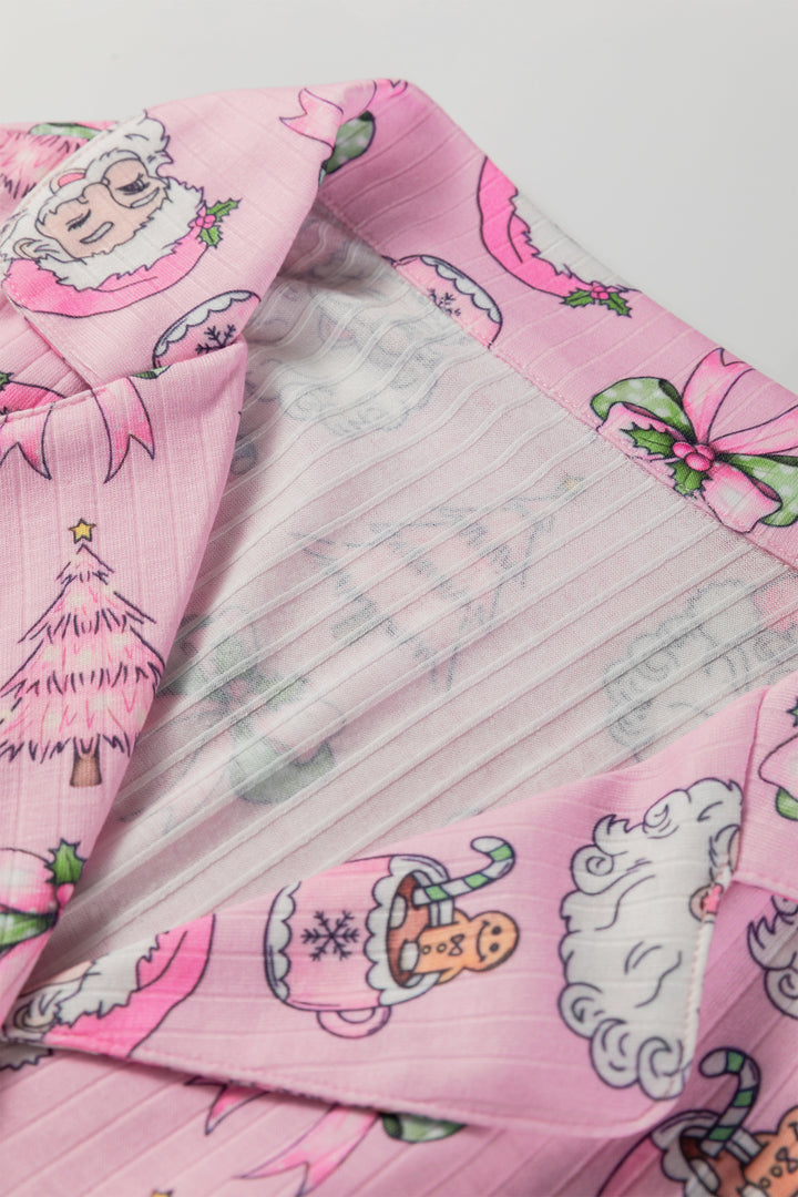 Pink Christmas Print Ruffled Ribbed Shirt & Pants 2 Piece PJ Set