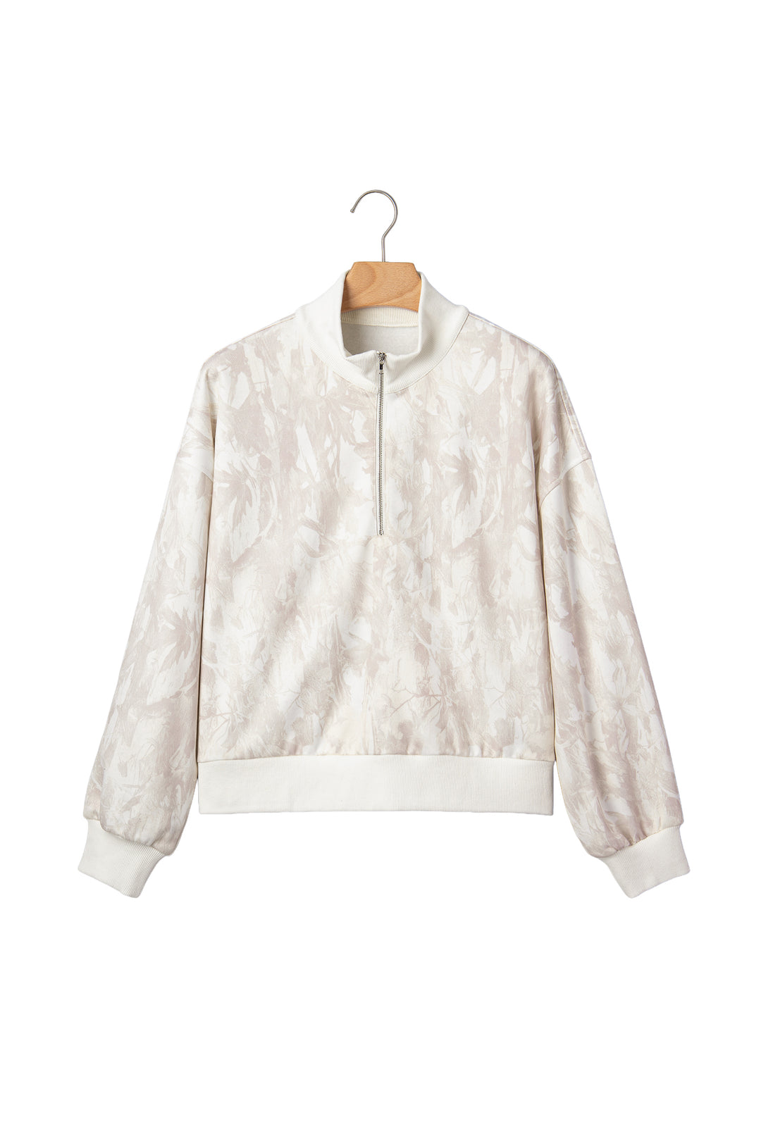 Khaki Camouflage Print Quarter-Zip Drop Shoulder Long Sleeve Sweatshirt