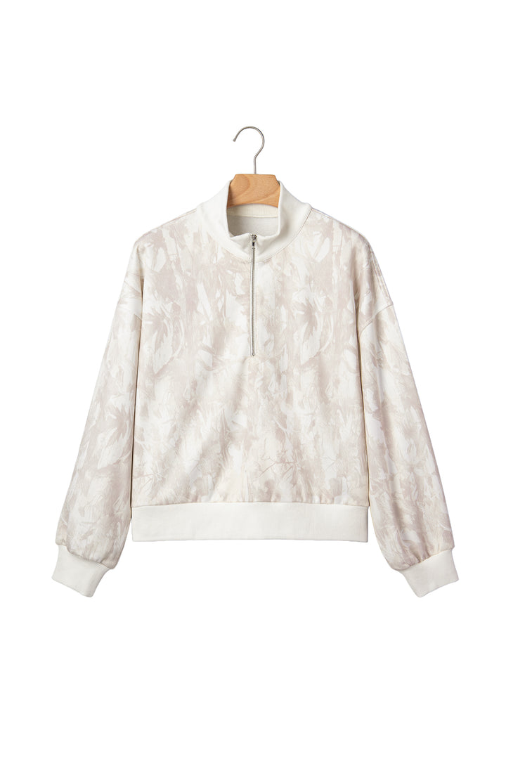 Khaki Camouflage Print Quarter-Zip Drop Shoulder Long Sleeve Sweatshirt