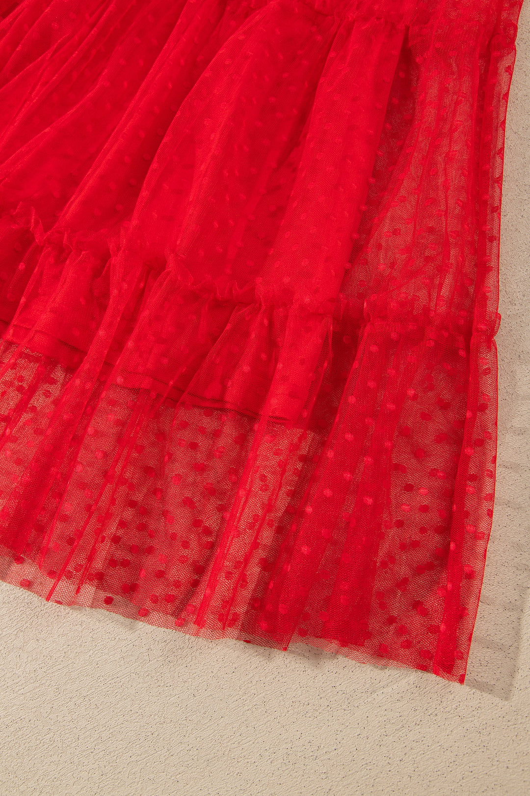 Fiery Red Tiered Tulle Smocked Bodice Puff Sleeve Dress