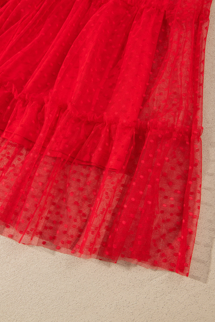 Fiery Red Tiered Tulle Smocked Bodice Puff Sleeve Dress