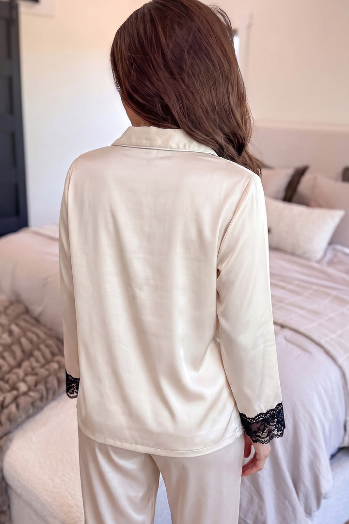 White Long Sleeve Lace Trim Button Front 2pcs Pajama Set