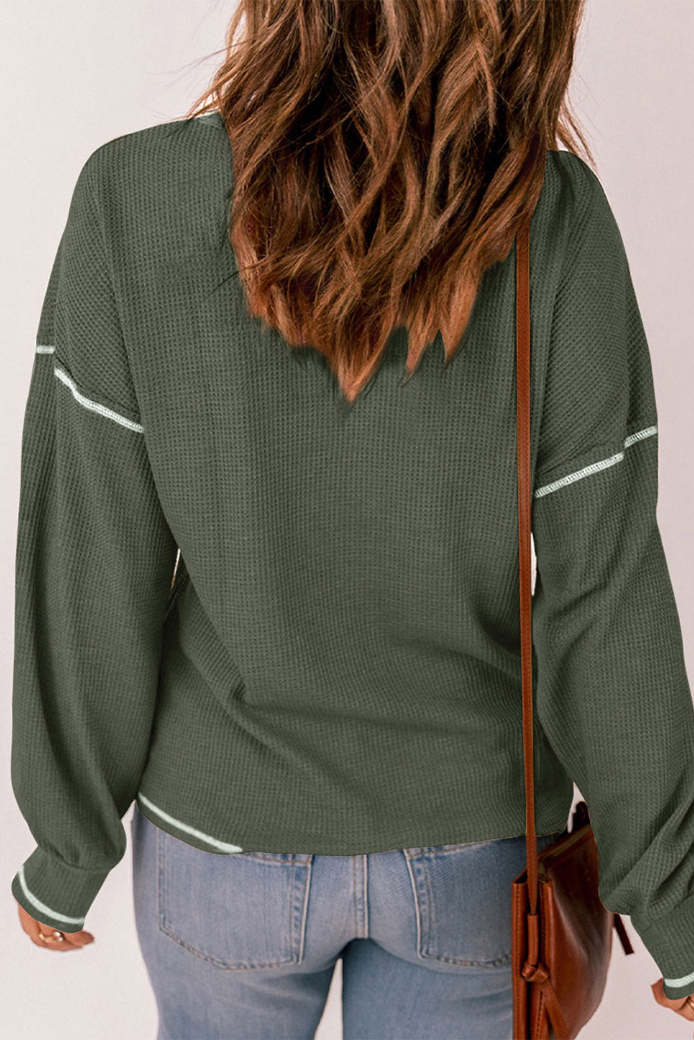 Mist Green Contrast Exposed Stitching Waffle Knit Top