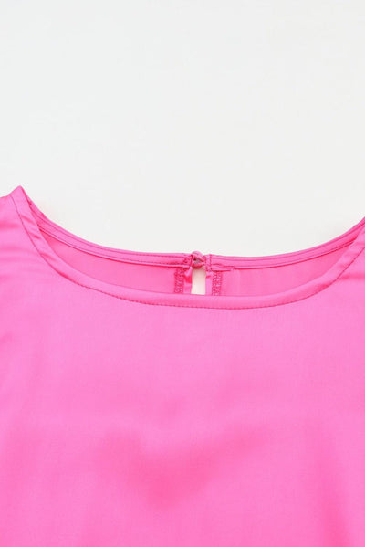 Pink Satin Puff Long Sleeve Crewneck Blouse