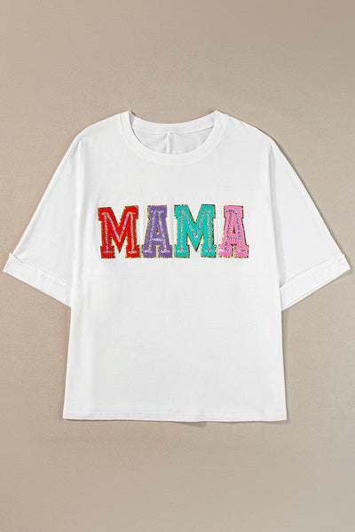 White MAMA Chenille Patched Crew Neck T Shirt