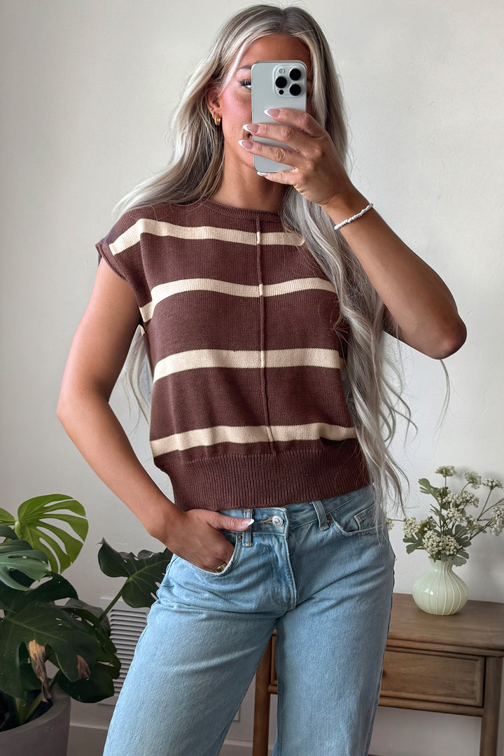 Rose Stripe Knit Western Short Sleeve Sweater