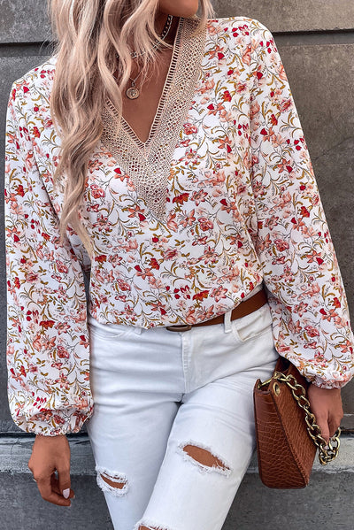 White Floral Long Sleeve Lace V-Neck Blouse